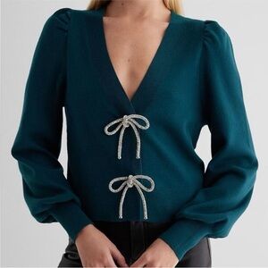 Teal V-Neck Sweater with Rhinestone Bow Ties